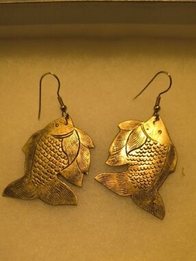 Gold-Tone Fish Dangle Earrings - Textured Brass Design